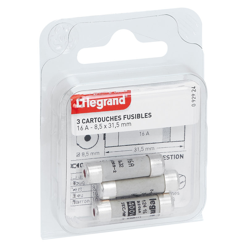Legrand 092924 - Cartouches fusibles pour porte-fusibles - avec témoin - 8,5x31,5mm - 16A