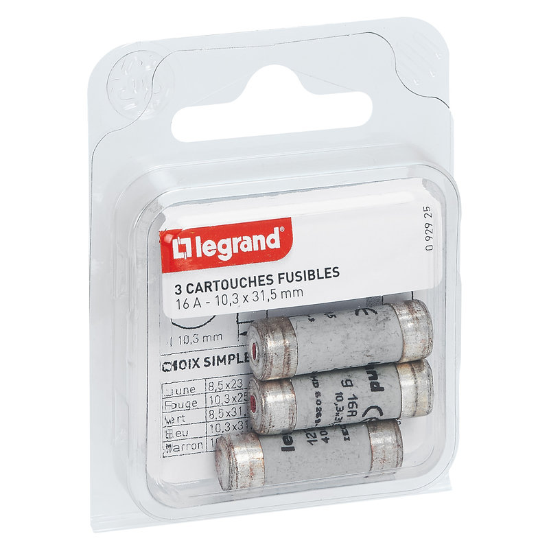 Legrand 092925 - Cartouches fusibles pour porte-fusibles - avec témoin - 10,3x31,5mm - 16A