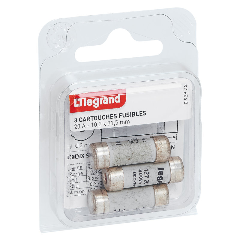 Legrand 092926 - Cartouches fusibles pour porte-fusibles - avec témoin - 10,3x31,5mm - 20A