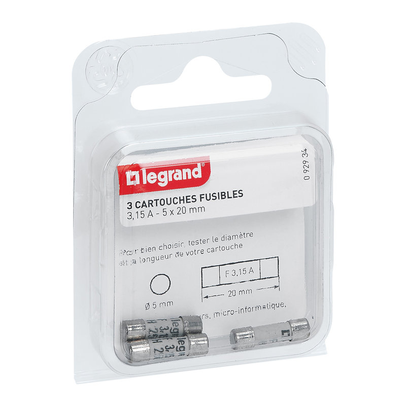 Legrand 092934 - Cartouches fusibles pour appareils électroniques - 5x20mm - 3,15A