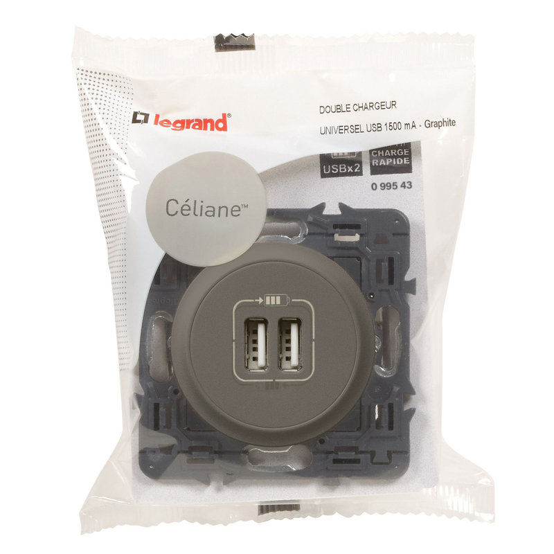 Legrand 099543 - Prise double USB Type-A Céliane 3A - graphite