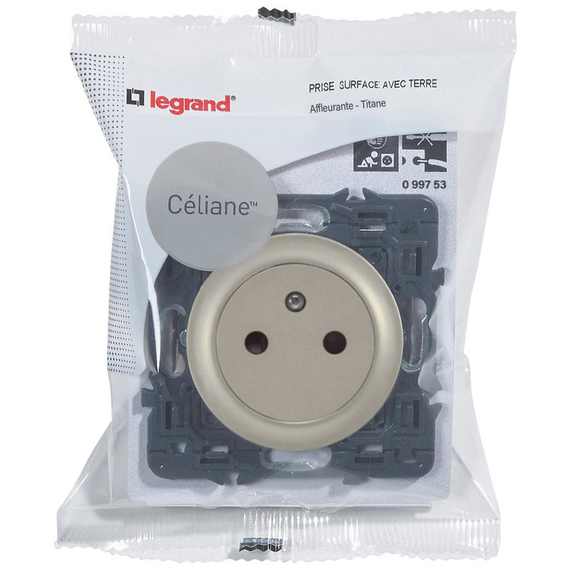 Legrand 099753 - Prise de courant avec terre Céliane Surface - titane avec support
