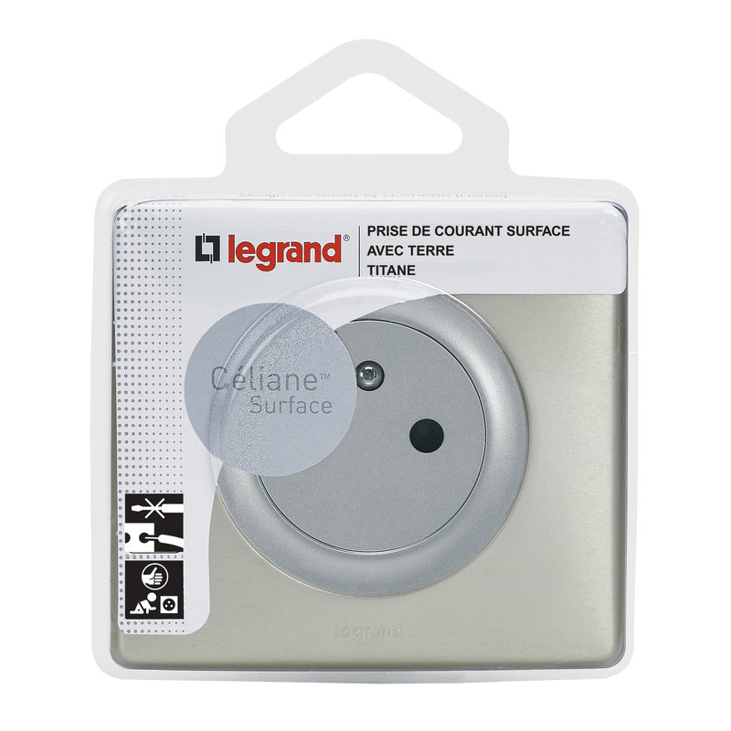 Legrand 099971 - Prise de courant avec terre Céliane Surface avec plaque - Titane