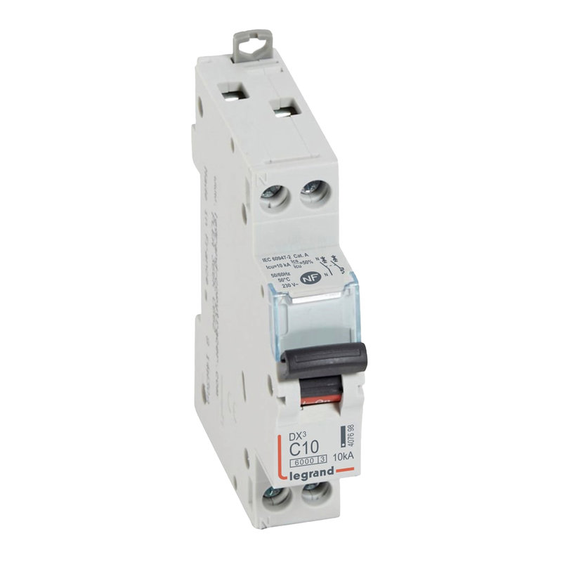 Legrand 407698 - Disjoncteur DX³6000 10kA arrivée haut/départ bas vis U+N 10A courbe C - 1 mod