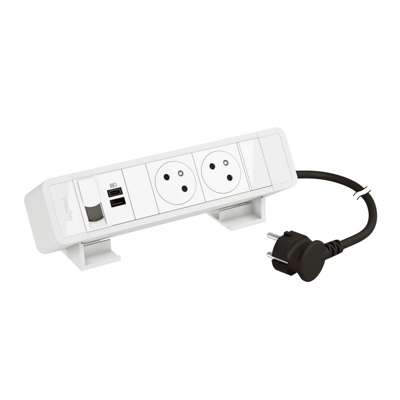 Legrand 655117WH - Bloc Bureau 2x2P+T F/B USB A+C 15W 1 RJ45 CAT6 FTP cordon 2m fiche - Blanc