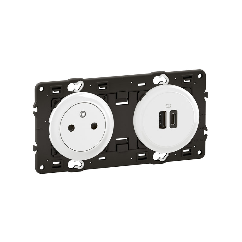 [LEG-CX0143] Legrand CX0143 - Prise 2P+T et USB A+C 15W précâblée Céliane, enjoliveur Blanc et support