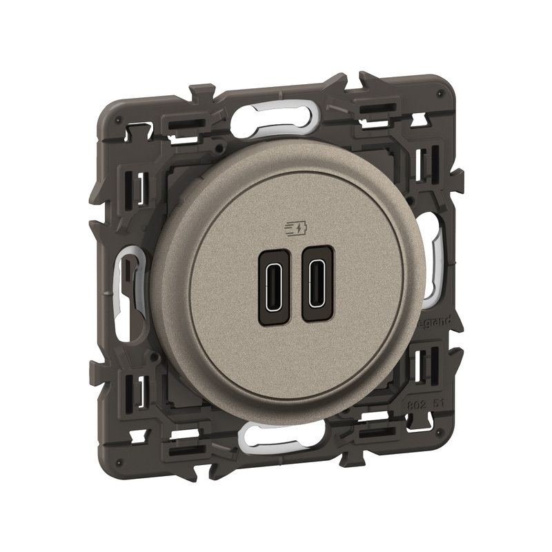 Legrand CY0154 - Prise 2 USB Céliane 20W Power Delivery Type-C+C enjoliveur Titanium et support