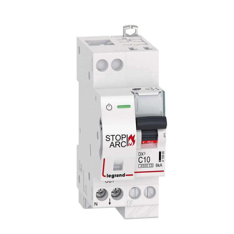 Legrand 415900 - Disj. DX³ STOP ARC 4500 6kA arrivée auto/sortie à vis 1P+N 10A courbe C -2 mod