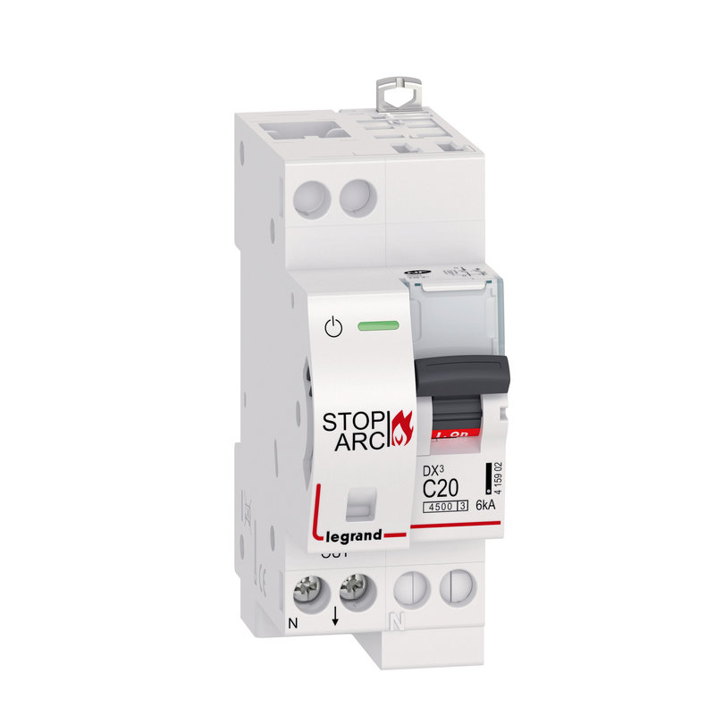 Legrand 415902 - Disj. DX³ STOP ARC 4500 6kA arrivée auto/sortie à vis 1P+N 20A courbe C -2 mod