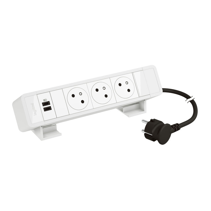 Legrand 655113WH - Bloc Bureau 3x2P+T F/B + USB C+C 15W et cordon 2m fiche - Blanc
