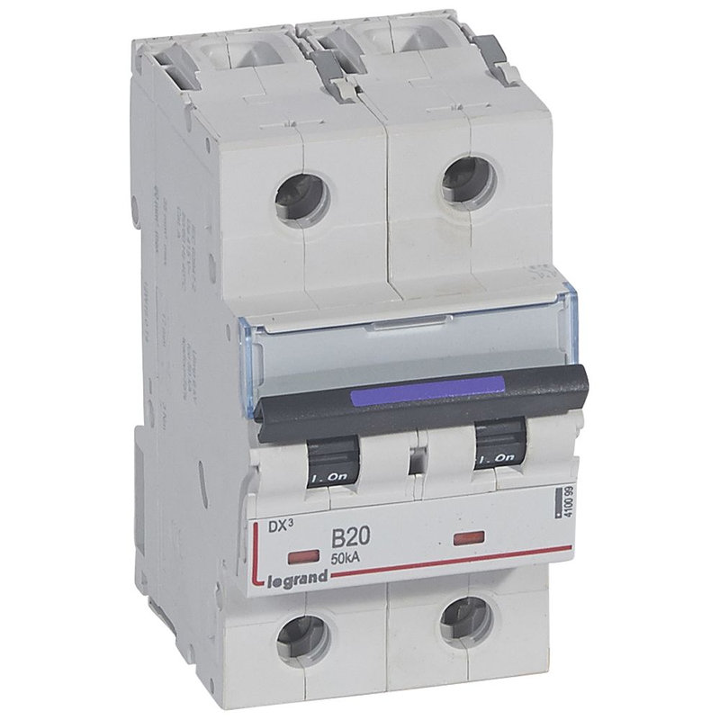 Legrand 410099 - Disjoncteur DX³ 50kA arrivée haute/départ bas vis 2P 20A - courbe B - 3 mod