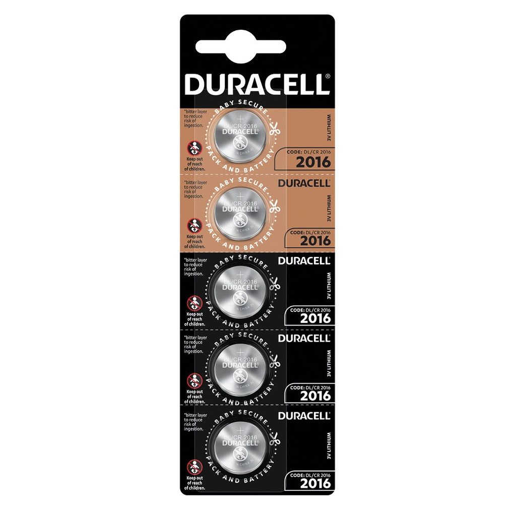 Blister 5 piles boutons lithium Duracell CR2016 - boîte prés. 4U