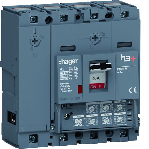 [HAG-HMS041JC] Disjoncteur Boitier Moulé h3+ P160 LSI 4P In40A Icu50kA à cage HMS041JC