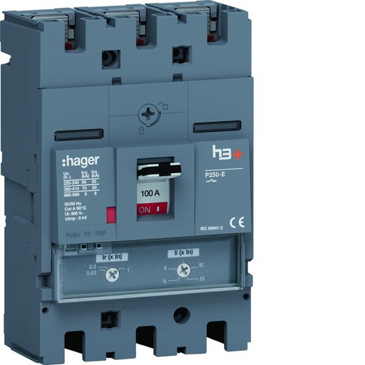 [HAG-HET100DR] Disjoncteur Boitier Moulé h3+ P250 TM A/A 3P3D In100A Icu70kA à plage HET100DR