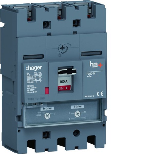 [HAG-HMT100DR] Disjoncteur Boitier Moulé h3+ P250 TM A/A 3P3D In100A Icu50kA à plage HMT100DR