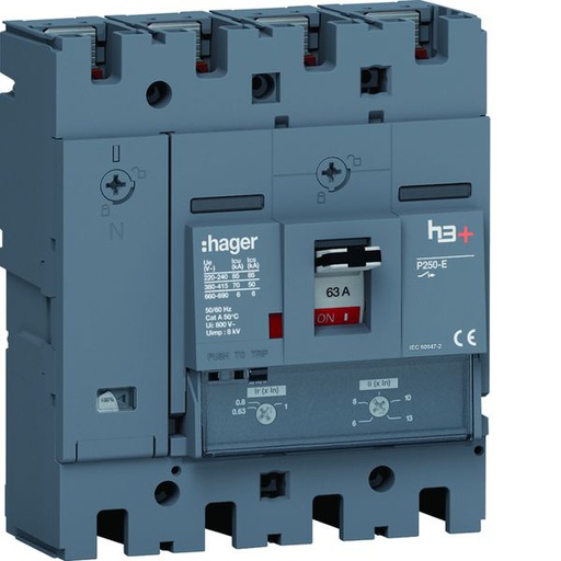 [HAG-HET064DR] Disjoncteur Boitier Moulé h3+ P250 TM A/A 4P4D In63A Icu70kA à plage HET064DR