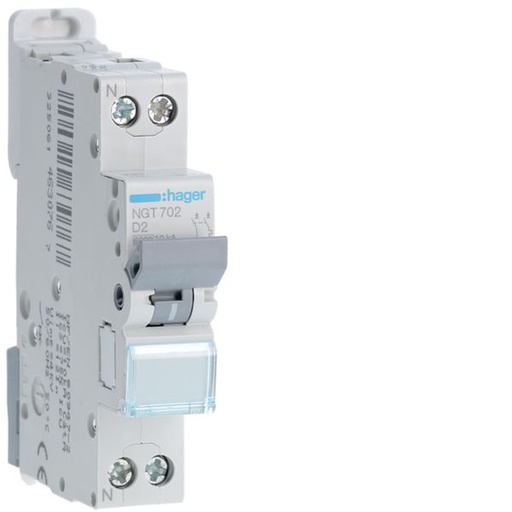 [HAG-NGT702] Disjoncteur 2A 1P+N 6-10kA Courbe D 1module NGT702