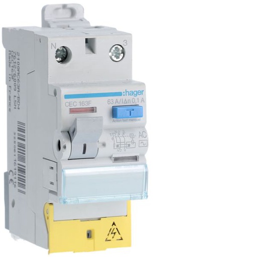 [HAG-CEC163F] Interrupteur différentiel 63A 100mA 1P+N type AC à bornes décalées CEC163F