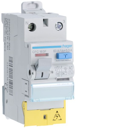 [HAG-CFC163F] Interrupteur différentiel 63A 300mA 1P+N type AC à bornes décalées CFC163F
