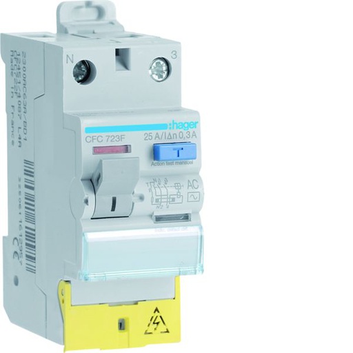 [HAG-CFC723F] Interrupteur différentiel 1P+N 25A 300mA type AC à bornes décalées 50/60HZ CFC723F