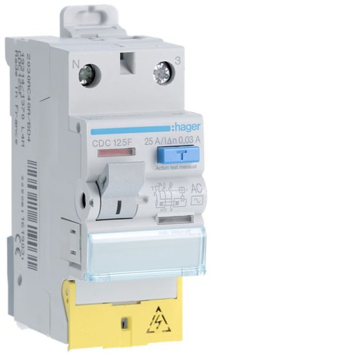 [HAG-CDC125F] Interrupteur différentiel 25A 30mA 1P+N type AC à bornes décalées CDC125F