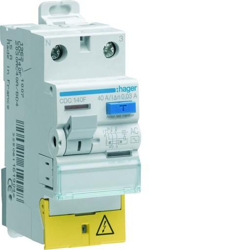 [HAG-CDC140F] Interrupteur différentiel 40A 30mA 1P+N type AC à bornes décalées CDC140F