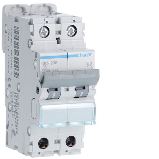 [HAG-NKN206] Disjoncteur 6A 2P 10-15kA Courbe C 2modules NKN206
