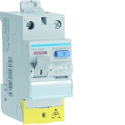 [HAG-CFC743F] Interrupteur différentiel 1P+N 40A 300mA type AC à bornes décalées 50/60HZ CFC743F