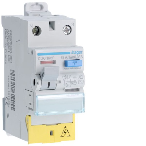 [HAG-CDC163F] Interrupteur différentiel 63A 30mA 1P+N type AC à bornes décalées CDC163F