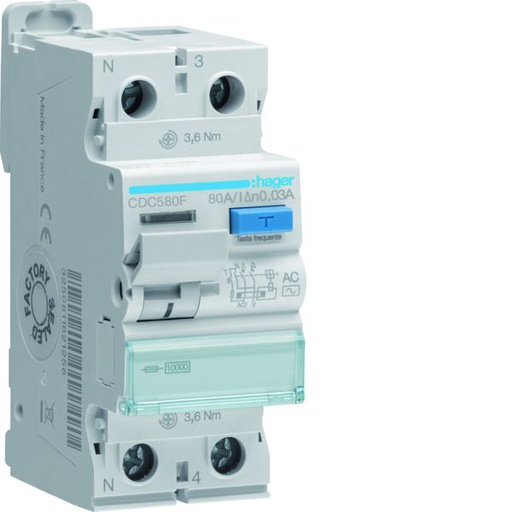 [HAG-CDC580F] Interrupteur différentiel 80A 30mA 1P+N type AC à bornes alignées CDC580F