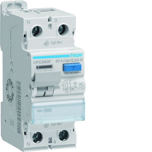 [HAG-CPC580F] Interrupteur différentiel 80A 300mA 1P+N type AC SEL à bornes décalées CPC580F