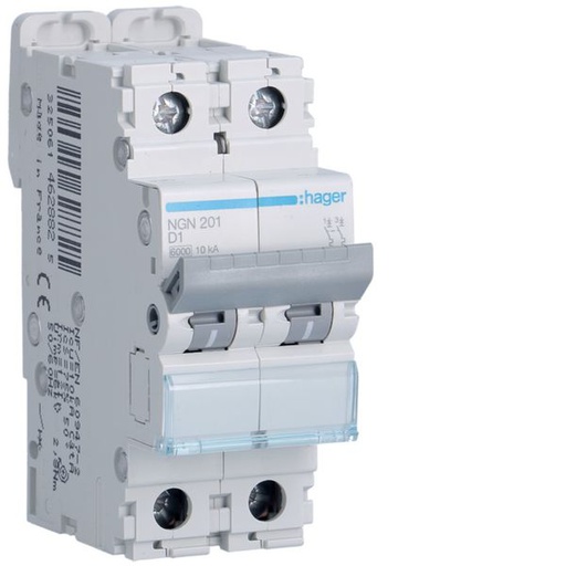 [HAG-NGN201] Disjoncteur 1A 2P 6-10kA Courbe D 2modules NGN201