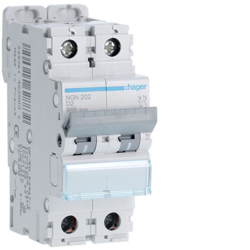 [HAG-NGN202] Disjoncteur 2A 2P 6-10kA Courbe D 2modules NGN202