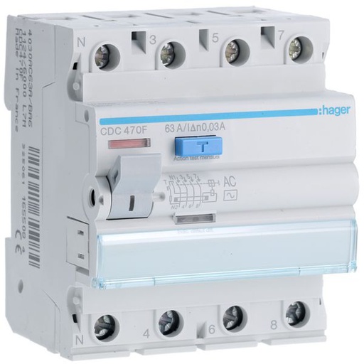 [HAG-CDC470F] Interrupteur différentiel 63A 300mA 3P+N type AC 60Hz à bornes alignées CDC470F