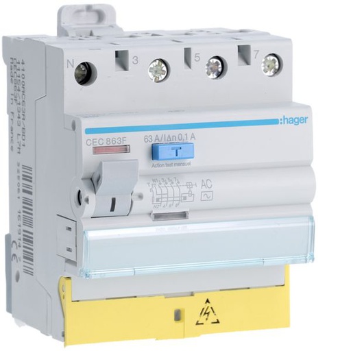 [HAG-CEC863F] Interrupteur différentiel 63A 100mA 3P+N type AC à bornes décalées CEC863F
