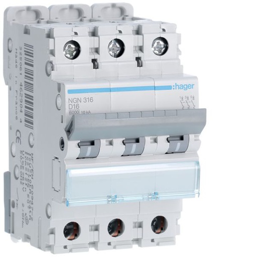 [HAG-NGN316] Disjoncteur 16A 3P 6-10kA Courbe D 3modules NGN316