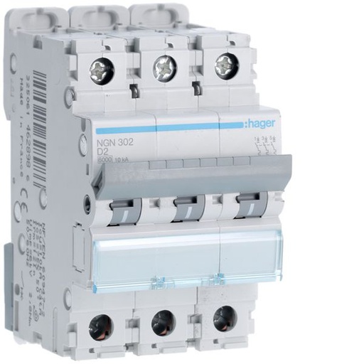 [HAG-NGN302] Disjoncteur 2A 3P 6-10kA Courbe D 3modules NGN302
