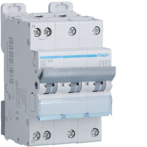 [HAG-NGT810] Disjoncteur 10A 3P+N 6-10kA Courbe D 3module NGT810