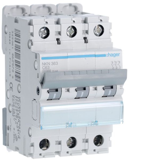 [HAG-NKN363] Disjoncteur 63A 3P 10-15kA Courbe C 3modules NKN363