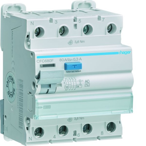 [HAG-CFC680F] Interrupteur différentiel 80A 300mA 3P+N type AC à bornes alignées CFC680F