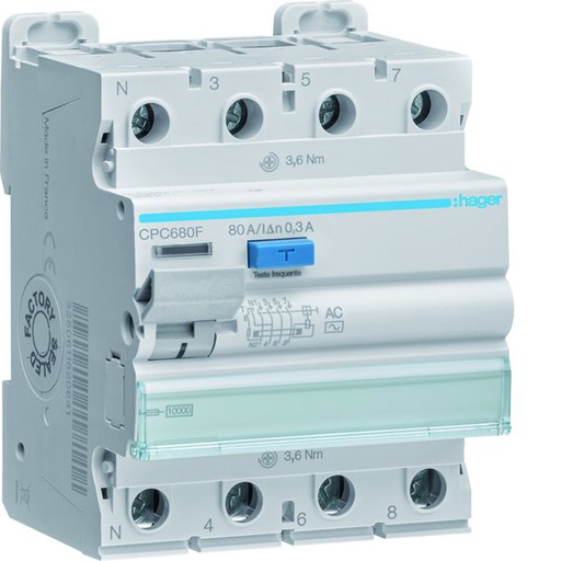 [HAG-CPC680F] Interrupteur différentiel 80A 300mA 3P+N type AC SEL à bornes décalées CPC680F
