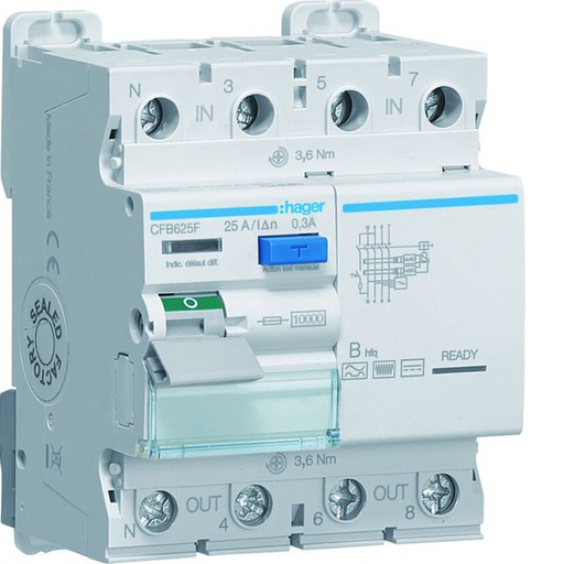 [HAG-CFB625F] Interrupteur différentiel 25A 300mA 3P+N type B hfq à bornes alignées CFB625F