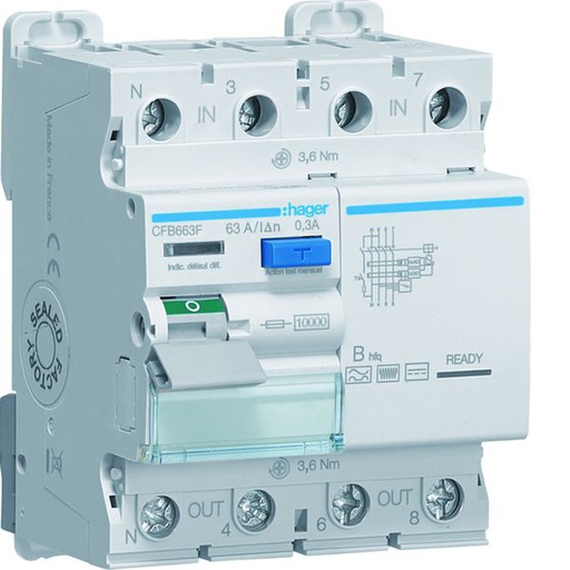 [HAG-CFB663F] Interrupteur différentiel 63A 300mA 3P+N type B hfq à bornes alignées CFB663F