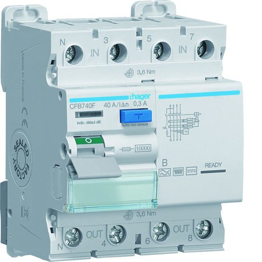 [HAG-CFB740F] Interrupteur différentiel 40A 300mA 3P+N type B à bornes alignées CFB740F