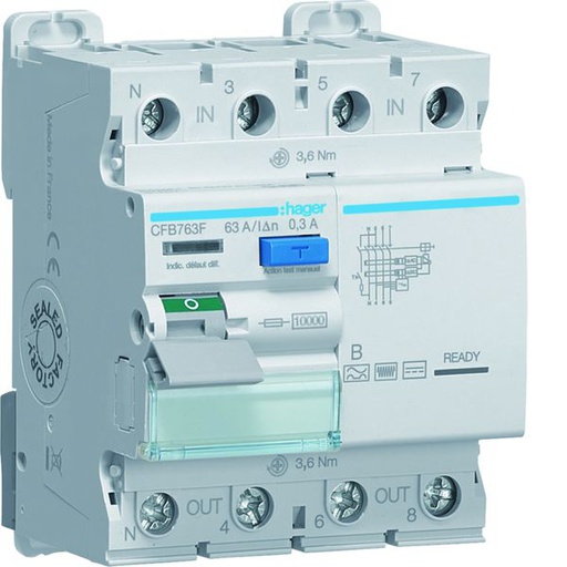 [HAG-CFB763F] Interrupteur différentiel 63A 300mA 3P+N type B à bornes alignées CFB763F