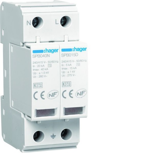[HAG-SPB215R] Parafoudre de type 2 Imax 15kA 2P 2modules avec auxiliaire de contact SPB215R