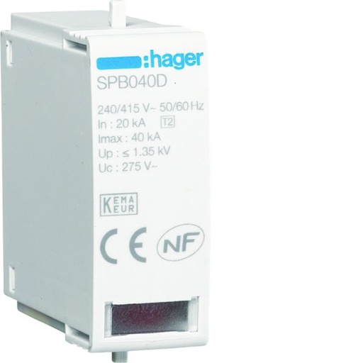 [HAG-SPB040D] Cartouches pour parafoudre de type 2 Imax 40kA L-N Uc 275V In 20kA Up 1,35kV SPB040D