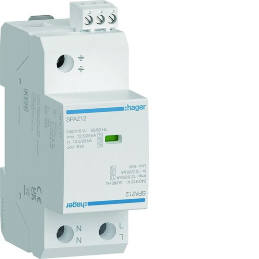 [HAG-SPA212] Parafoudre de type 1+2 Iimp 12,5kA 2P 2modules avec auxiliaire de contact SPA212