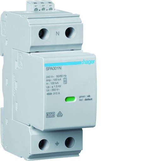 [HAG-SPA180N] Parafoudre type 1+2 Iimp 100kA 1P neutre 2modules et protection fusible intégrée SPA180N
