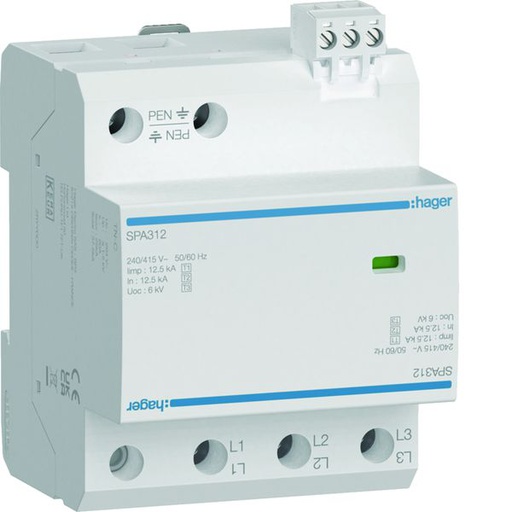 [HAG-SPA312] Parafoudre de type 1+2 Iimp 12,5kA 3P 4modules avec auxiliaire de contact SPA312